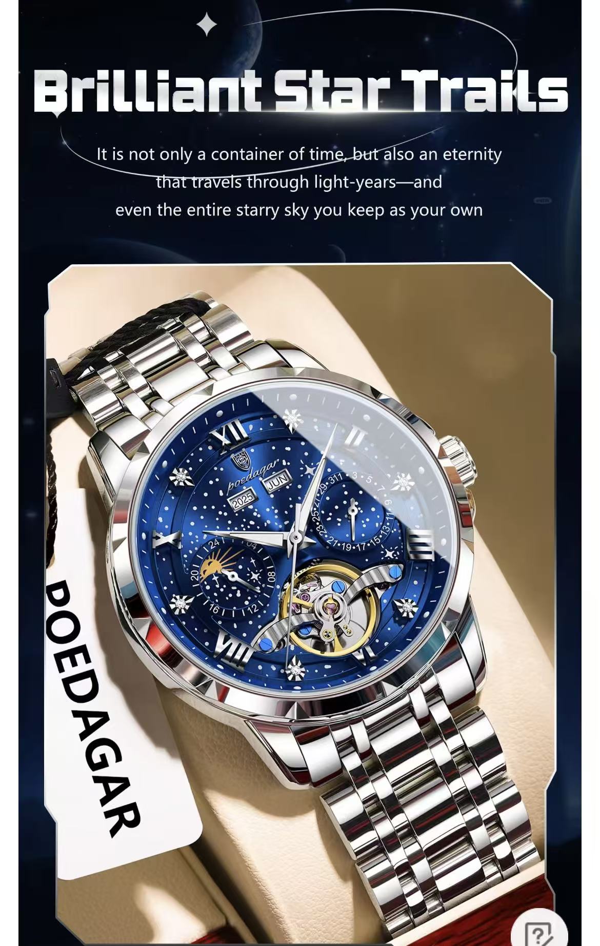 2026 POEDAGAR 1420 High-End Men's 3BAR Waterproof Fashion Stainless Steel Strap Auto Date Automatic Movement Mechanical Watch for Men