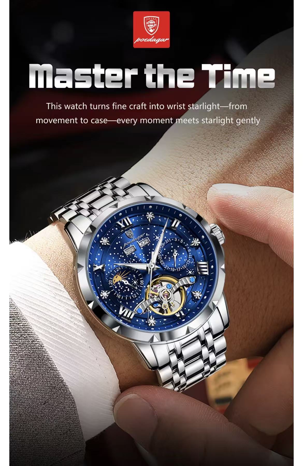 2026 POEDAGAR 1420 High-End Men's 3BAR Waterproof Fashion Stainless Steel Strap Auto Date Automatic Movement Mechanical Watch for Men