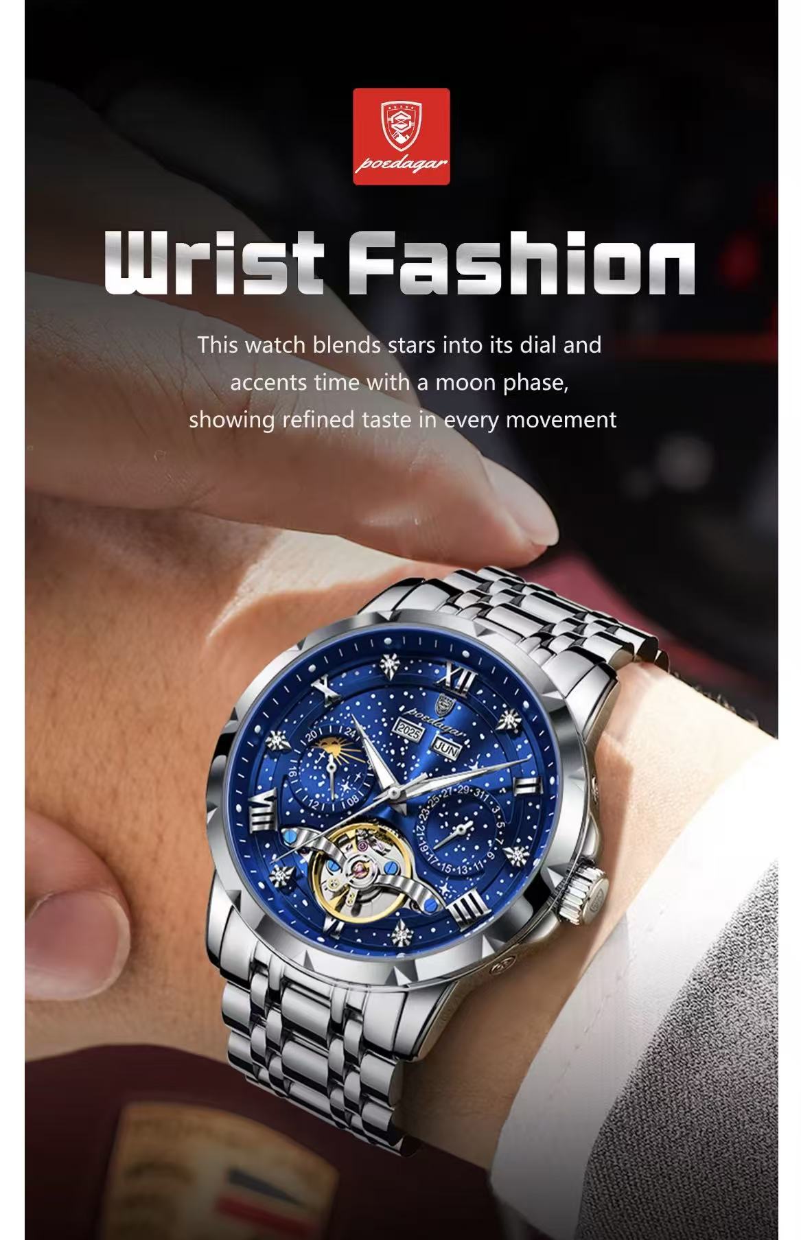 2026 POEDAGAR 1420 High-End Men's 3BAR Waterproof Fashion Stainless Steel Strap Auto Date Automatic Movement Mechanical Watch for Men