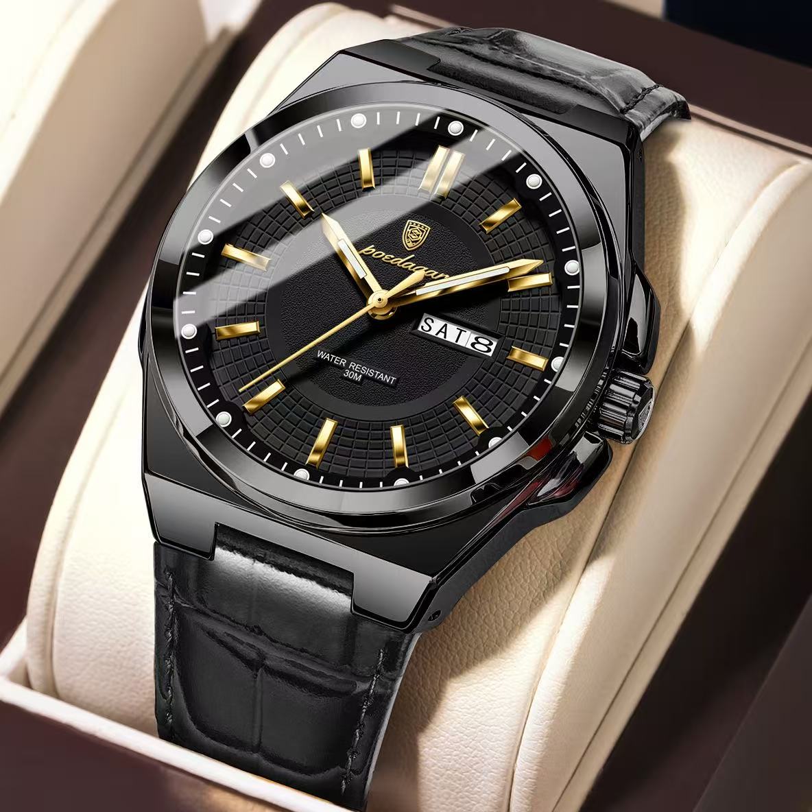 POEDAGAR 896 Mens Wristwatches Top Luxury Waterproof Sport Wrist Watch Quartz Genuine Leather Band Relogio Masculino Watches