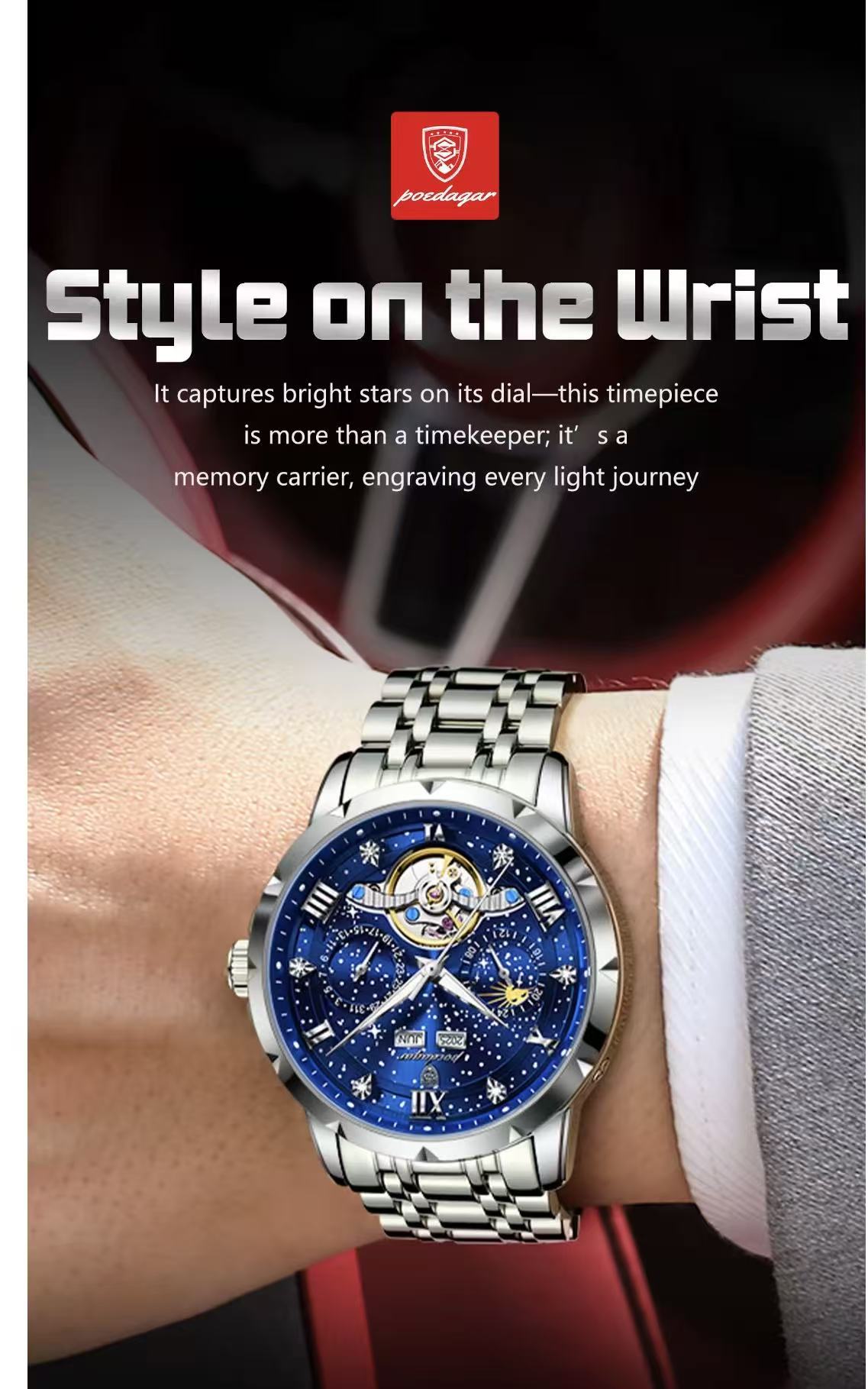 2026 POEDAGAR 1420 High-End Men's 3BAR Waterproof Fashion Stainless Steel Strap Auto Date Automatic Movement Mechanical Watch for Men