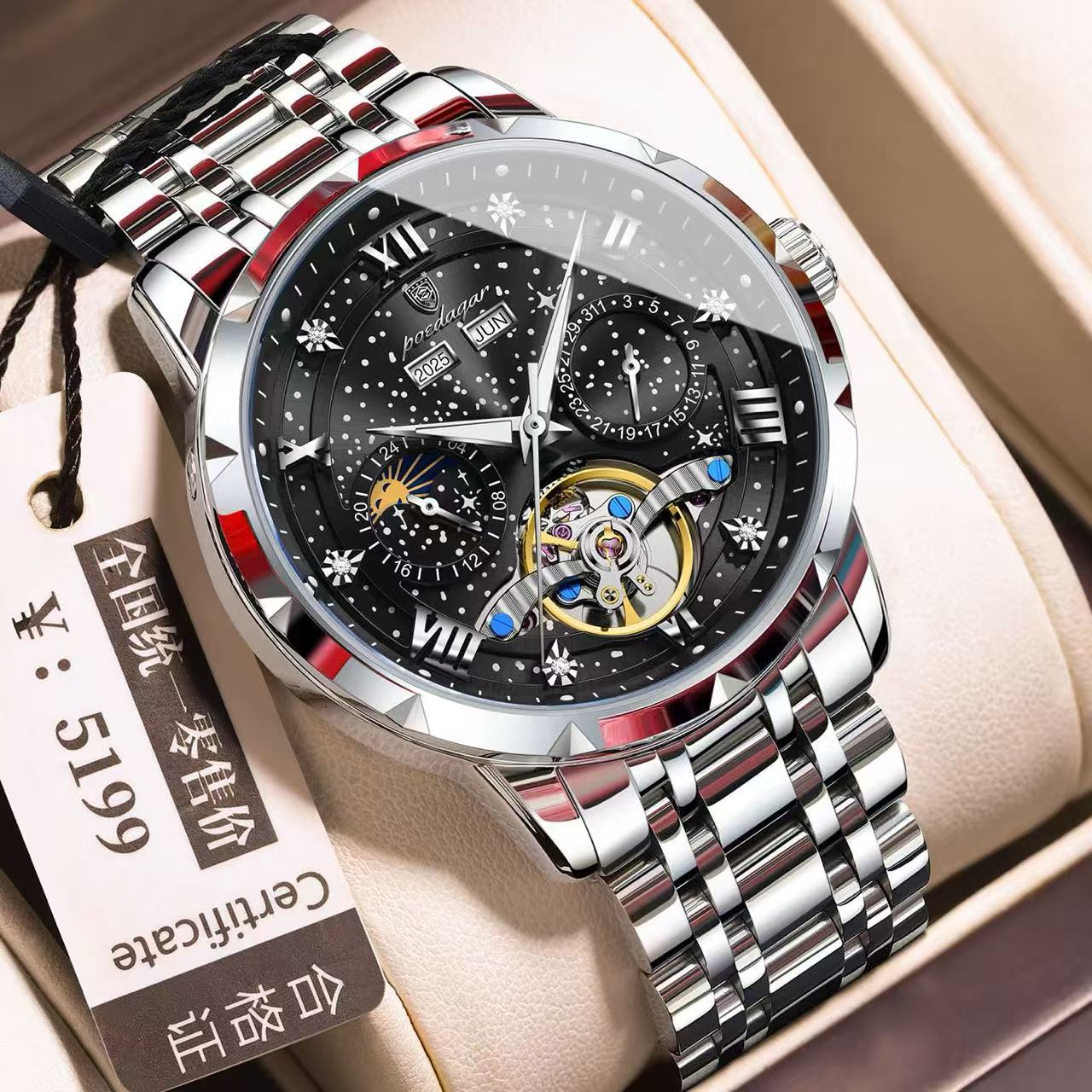 2026 POEDAGAR 1420 High-End Men's 3BAR Waterproof Fashion Stainless Steel Strap Auto Date Automatic Movement Mechanical Watch for Men