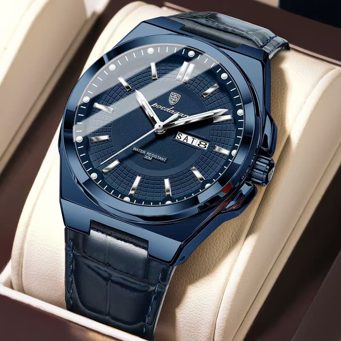 POEDAGAR 896 Mens Wristwatches Top Luxury Waterproof Sport Wrist Watch Quartz Genuine Leather Band Relogio Masculino Watches