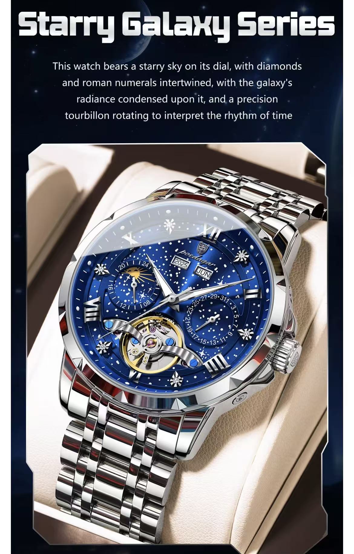 2026 POEDAGAR 1420 High-End Men's 3BAR Waterproof Fashion Stainless Steel Strap Auto Date Automatic Movement Mechanical Watch for Men