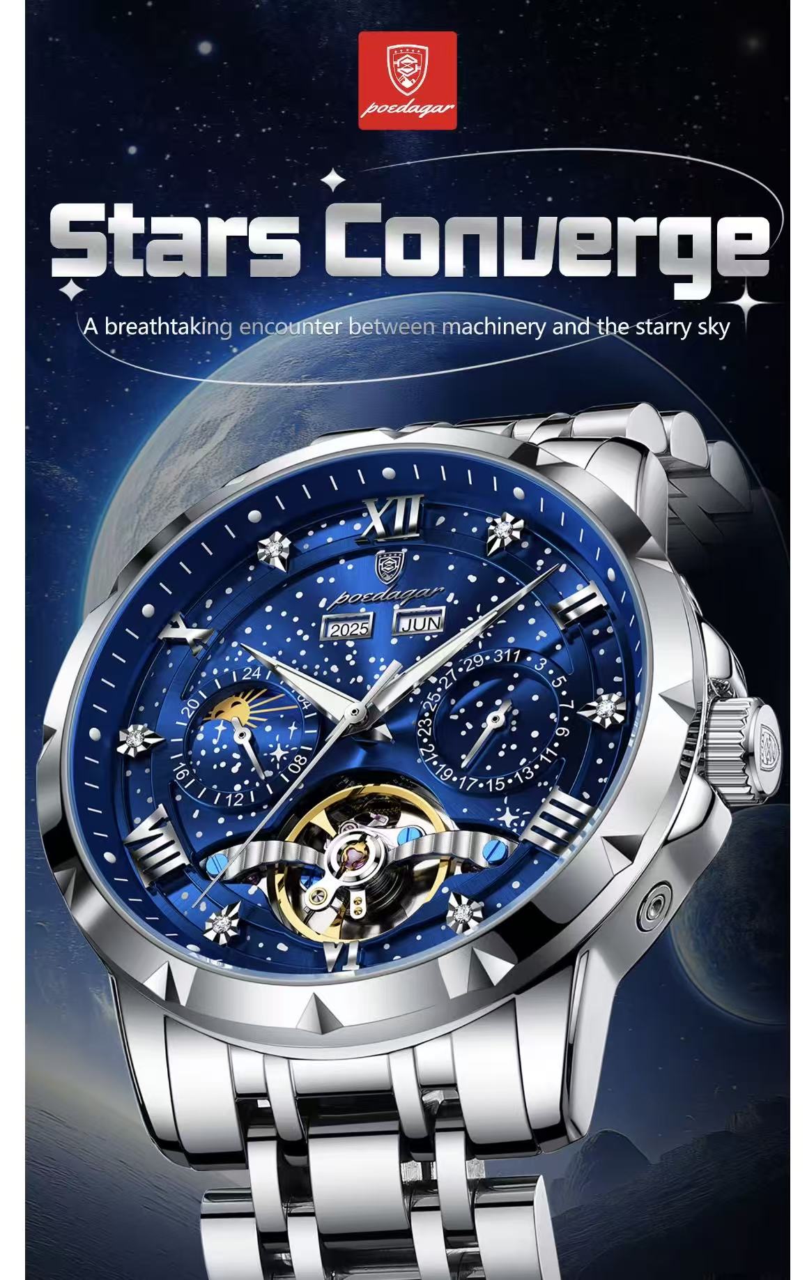 2026 POEDAGAR 1420 High-End Men's 3BAR Waterproof Fashion Stainless Steel Strap Auto Date Automatic Movement Mechanical Watch for Men