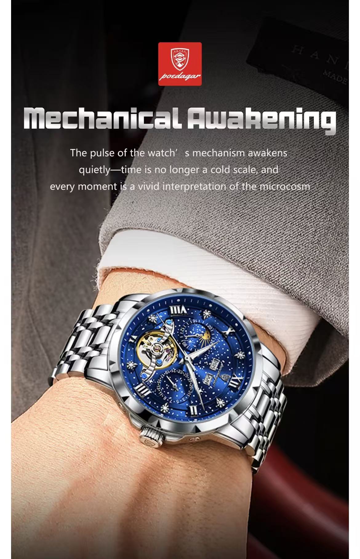 2026 POEDAGAR 1420 High-End Men's 3BAR Waterproof Fashion Stainless Steel Strap Auto Date Automatic Movement Mechanical Watch for Men