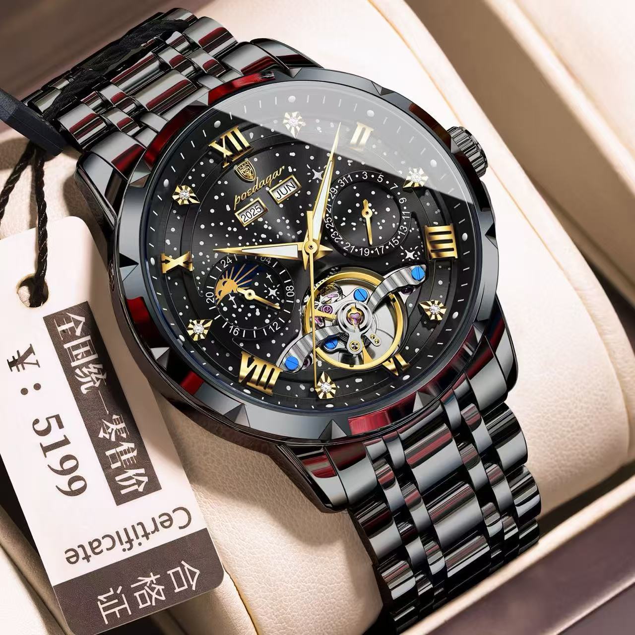 2026 POEDAGAR 1420 High-End Men's 3BAR Waterproof Fashion Stainless Steel Strap Auto Date Automatic Movement Mechanical Watch for Men