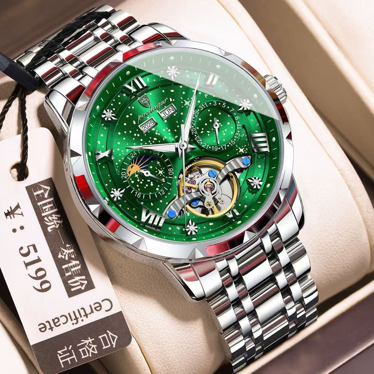 2026 POEDAGAR 1420 High-End Men's 3BAR Waterproof Fashion Stainless Steel Strap Auto Date Automatic Movement Mechanical Watch for Men