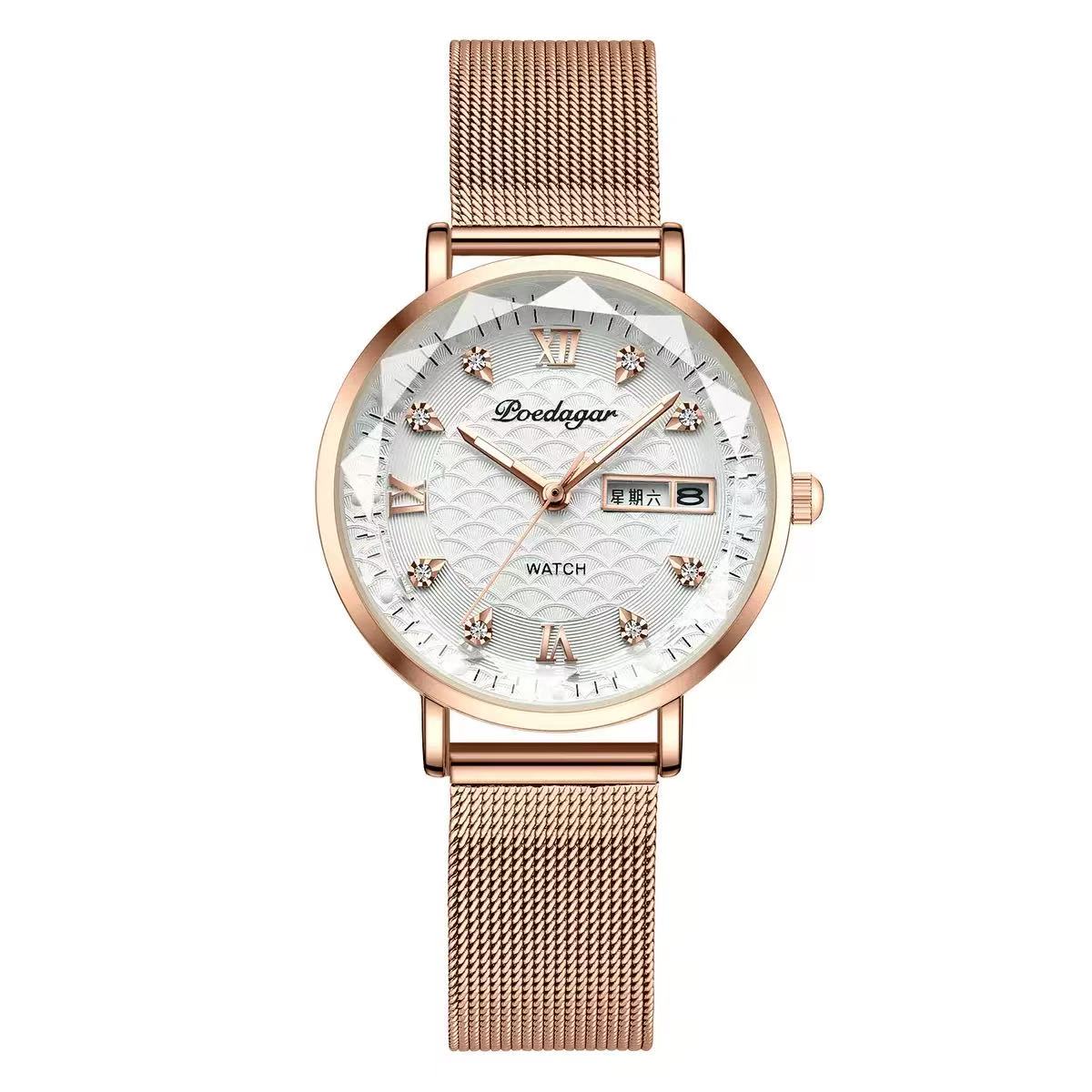 POEDAGAR 3011  Waterproof Luminous Ladies' Watch Women Student Calendar Slim Quartz Watch Stainless Steel Strap Wristwatch