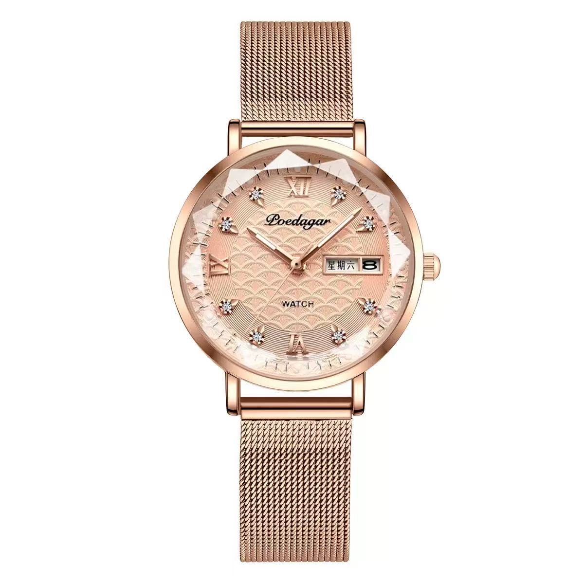 POEDAGAR 3011  Waterproof Luminous Ladies' Watch Women Student Calendar Slim Quartz Watch Stainless Steel Strap Wristwatch