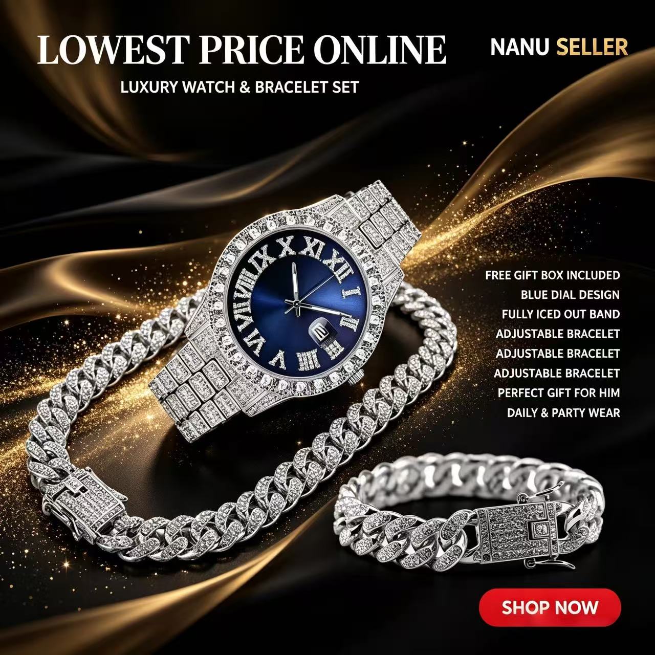 Full Iced Out Watch Mens Cuban Link Chain Bracelet Necklace Choker Bling Jewelry for Men Big Gold Chains Hip Hop Men Watch Set Necklace+Watch+Bracelet Rapper Cuban Chain  For Men African Jewelry Set