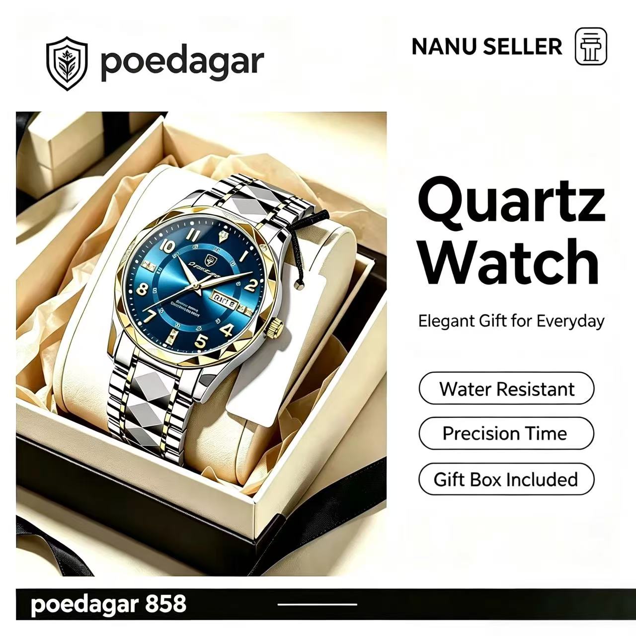 Swiss Brand POEDAGAR 858 New Style Men's Watch Luxury Waterproof Luminous Quartz Wristwatch Live Broadcast Bestseller