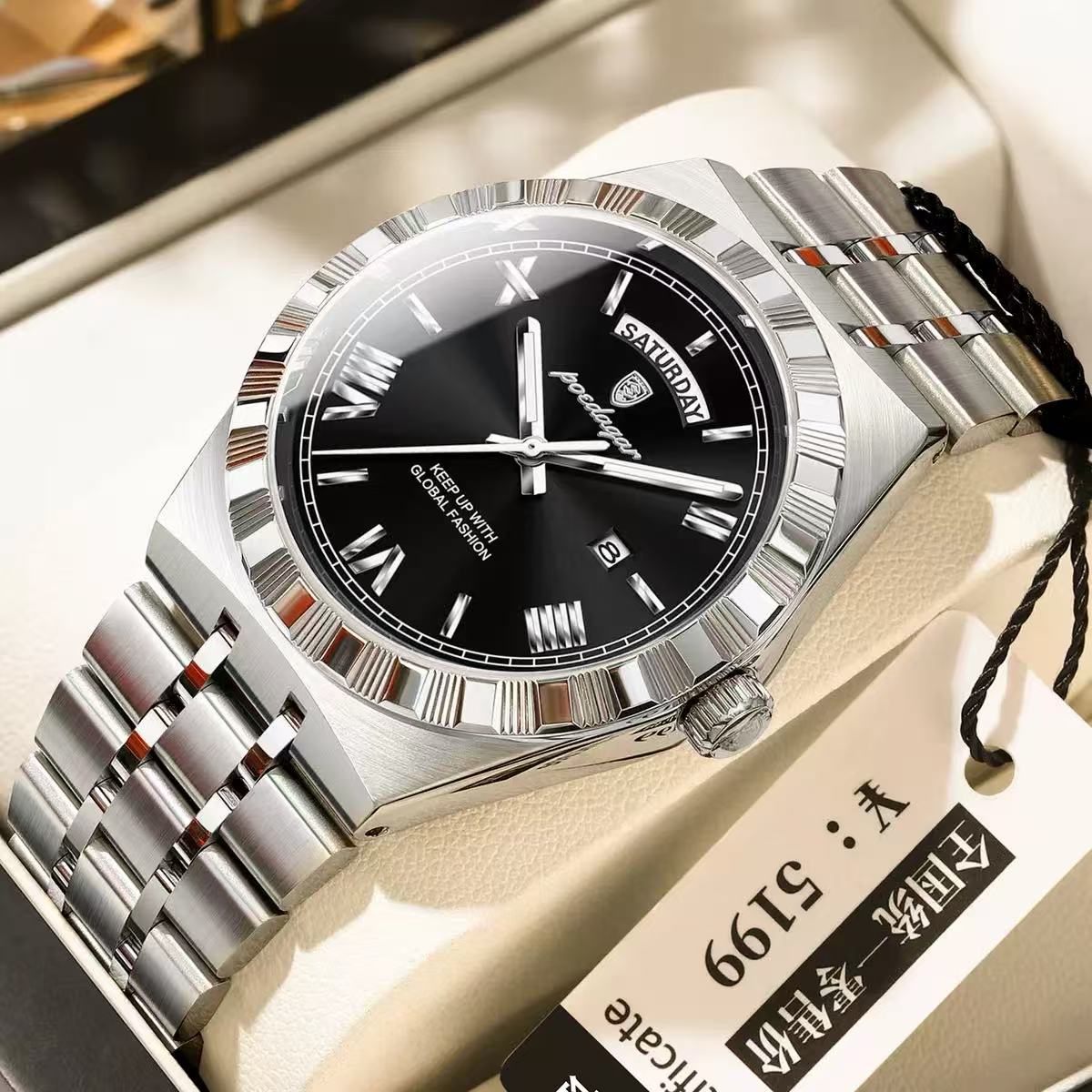 POEDAGAR 675 Men's Luxury Original Quartz Wristwatch Waterproof Luminous Montre Homme Stainless Steel Calendar Watch for Men