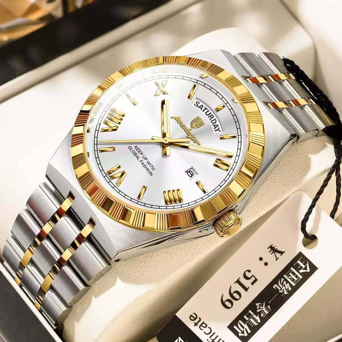 POEDAGAR 675 Men's Luxury Original Quartz Wristwatch Waterproof Luminous Montre Homme Stainless Steel Calendar Watch for Men