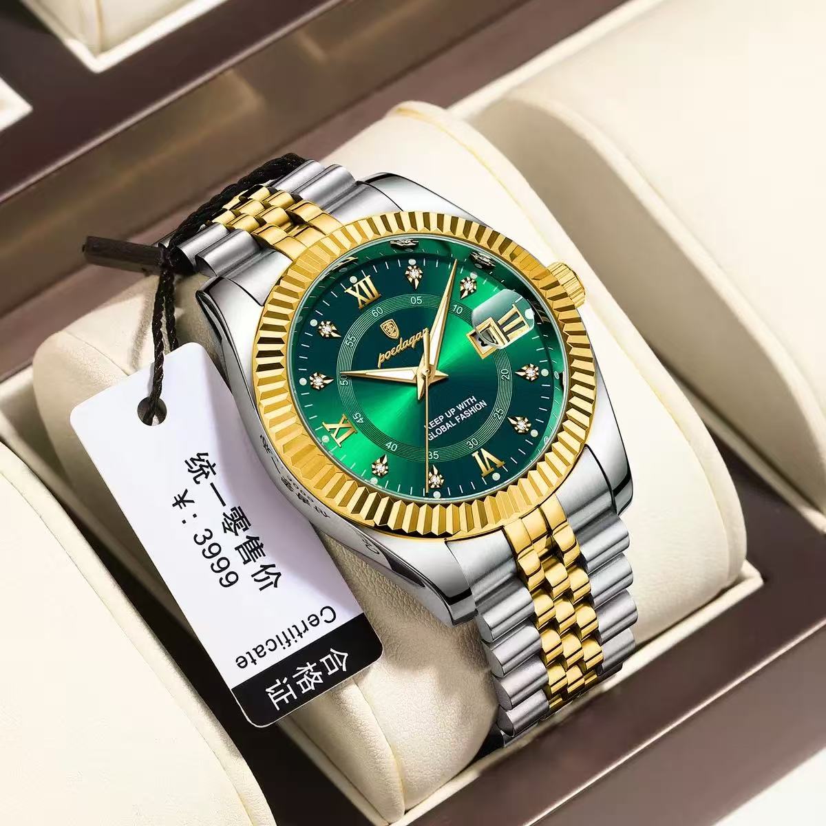 POEDAGAR 910 Baidajia New Diamond-Inlaid Calendar Stainless Steel Strap Foreign Trade Casual Fashion Sports Men's Hot-Selling Quartz Watch