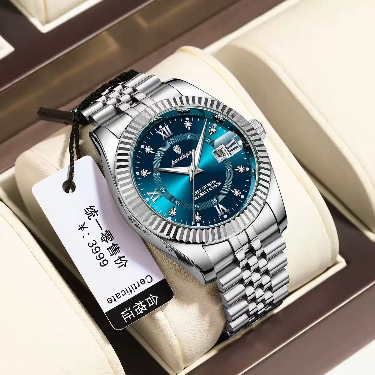 POEDAGAR 910 Baidajia New Diamond-Inlaid Calendar Stainless Steel Strap Foreign Trade Casual Fashion Sports Men's Hot-Selling Quartz Watch