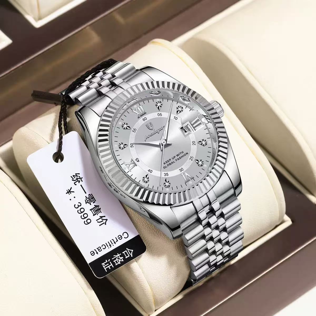 POEDAGAR 910 Baidajia New Diamond-Inlaid Calendar Stainless Steel Strap Foreign Trade Casual Fashion Sports Men's Hot-Selling Quartz Watch