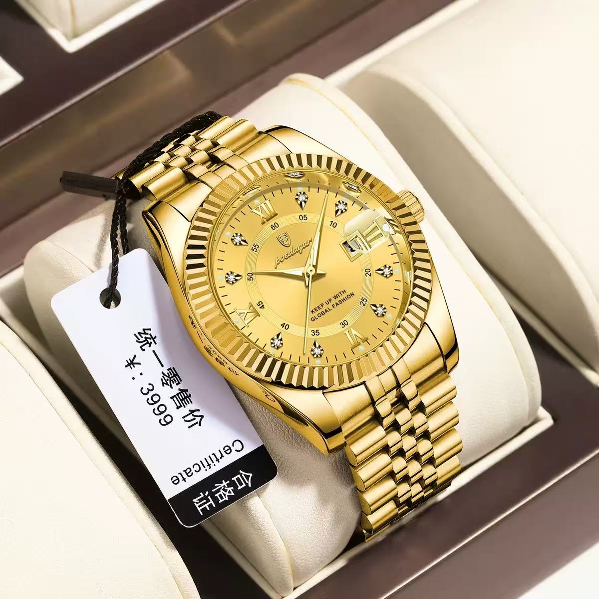 POEDAGAR 910 Baidajia New Diamond-Inlaid Calendar Stainless Steel Strap Foreign Trade Casual Fashion Sports Men's Hot-Selling Quartz Watch