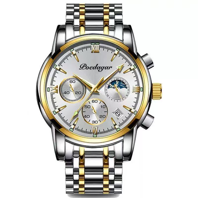 POEDAGAR 8058 Men's Stainless Steel Band Quartz Watch Chronography 3 Needle Waterproof Luminous Sport Wristwatch