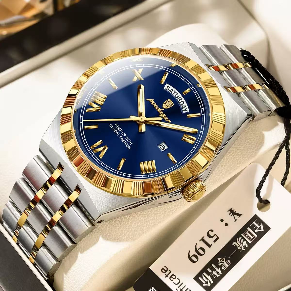 POEDAGAR 675 Men's Luxury Original Quartz Wristwatch Waterproof Luminous Montre Homme Stainless Steel Calendar Watch for Men