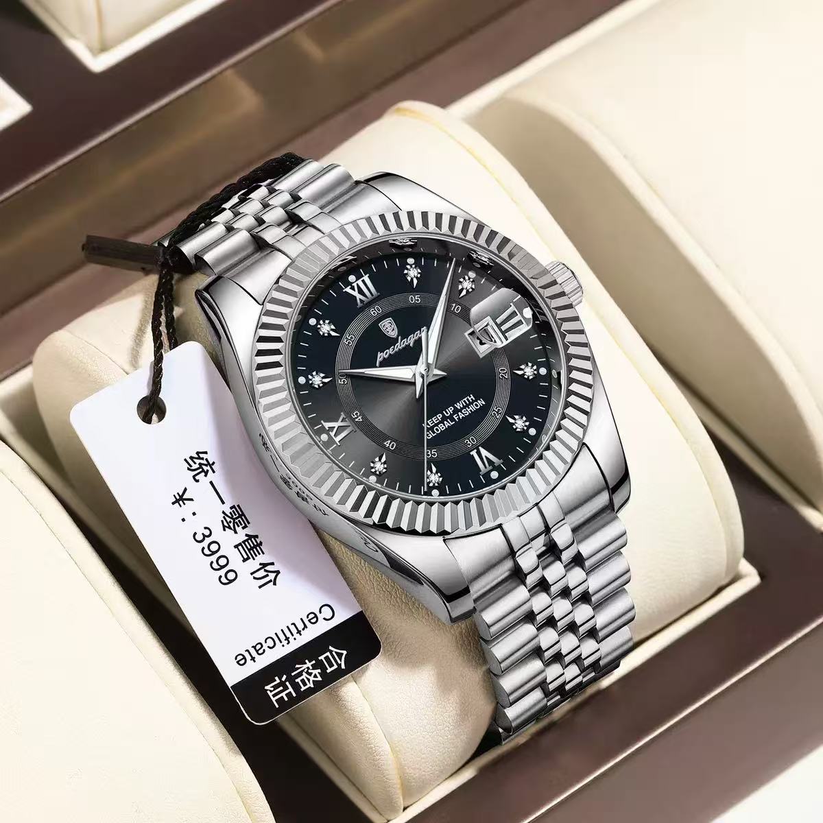 POEDAGAR 910 Baidajia New Diamond-Inlaid Calendar Stainless Steel Strap Foreign Trade Casual Fashion Sports Men's Hot-Selling Quartz Watch