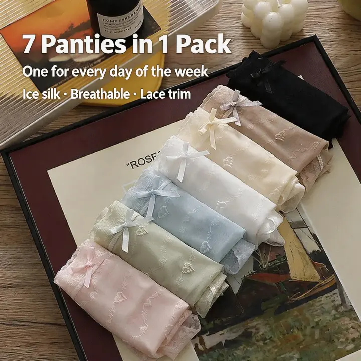 7 Pack Ladies Panties Petite Size Ice Silk Lace Lace Heart Jacquard Slim Fit Panties Cute Seamless Underwear