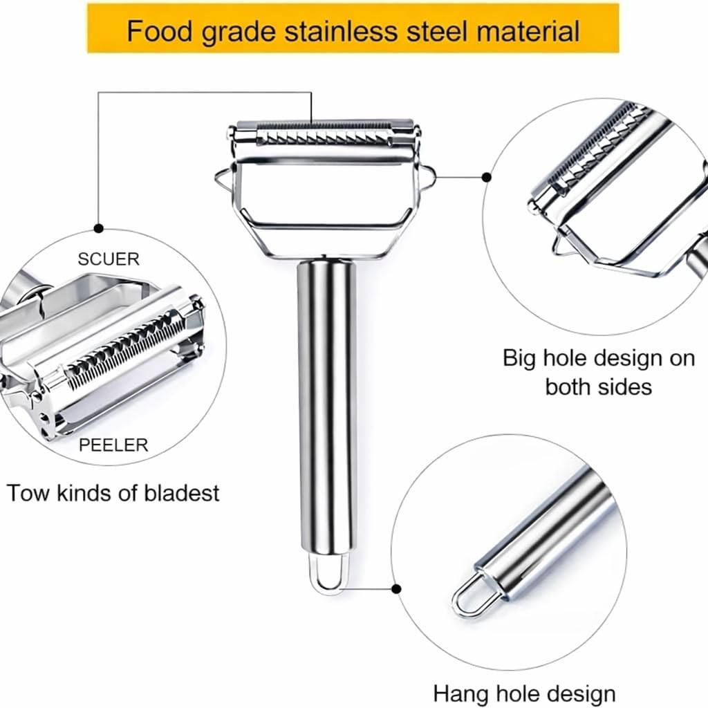 Vegetable Peeler Stainless Steel Potato Peeler Julienne Grater Carrot Cabbage Shredder Double Blade Kitchen Slicer with Potato Eye Remover Non-Slip Handle