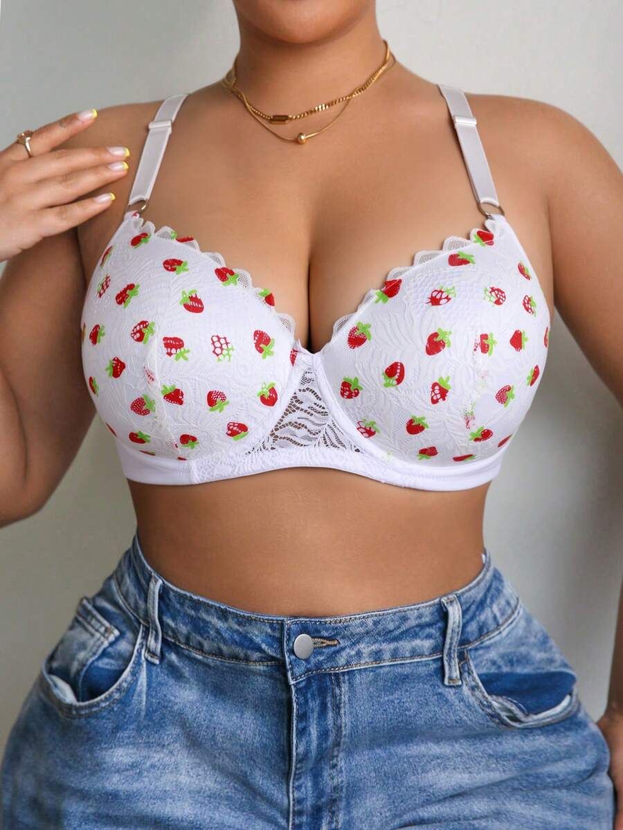 Push Up Plus Size Bra for Fuller Bust Padded Lift Lace Bra Big Cup Underwire Strawberry Print Full Coverage Adjustable Straps Comfortable Ladies Sidiria