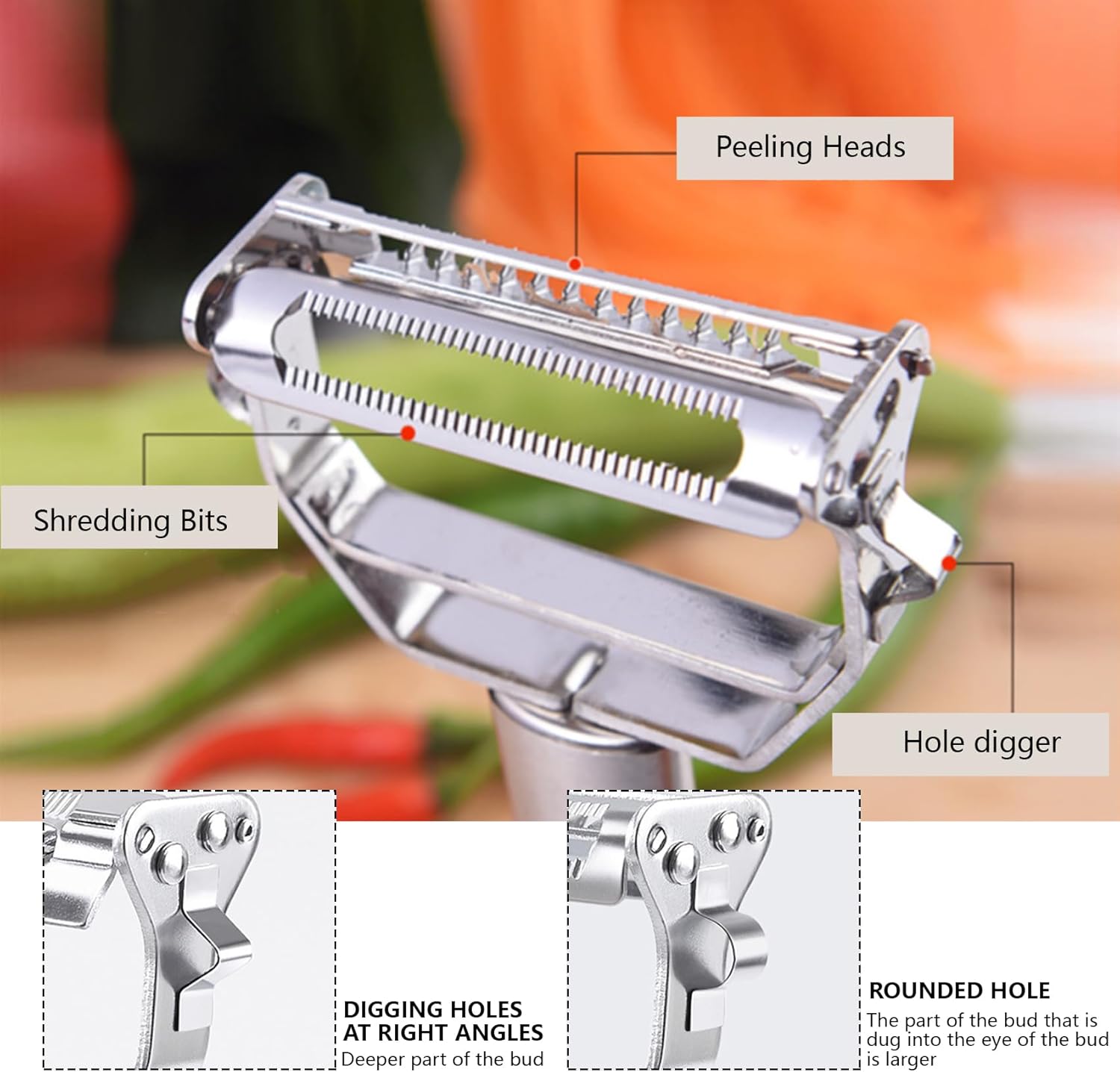Vegetable Peeler Stainless Steel Potato Peeler Julienne Grater Carrot Cabbage Shredder Double Blade Kitchen Slicer with Potato Eye Remover Non-Slip Handle