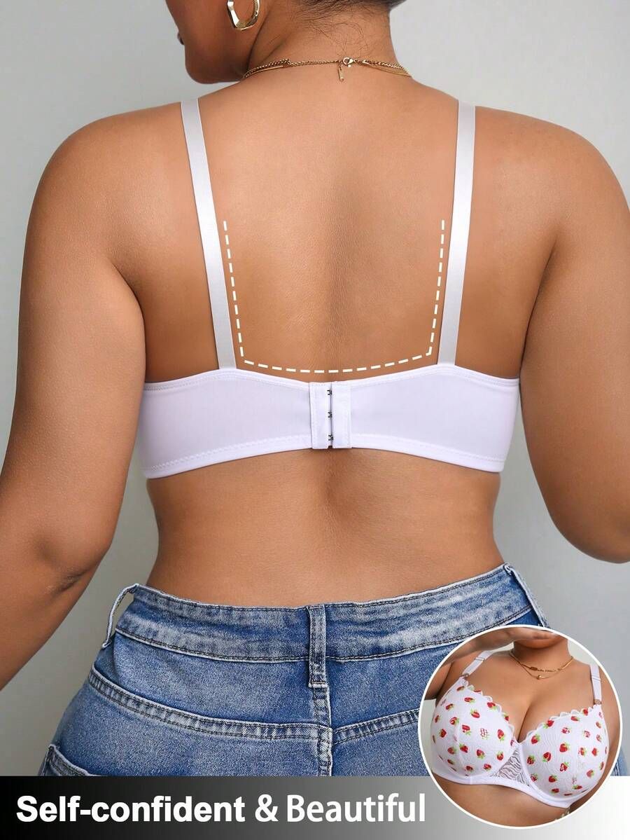 Push Up Plus Size Bra for Fuller Bust Padded Lift Lace Bra Big Cup Underwire Strawberry Print Full Coverage Adjustable Straps Comfortable Ladies Sidiria