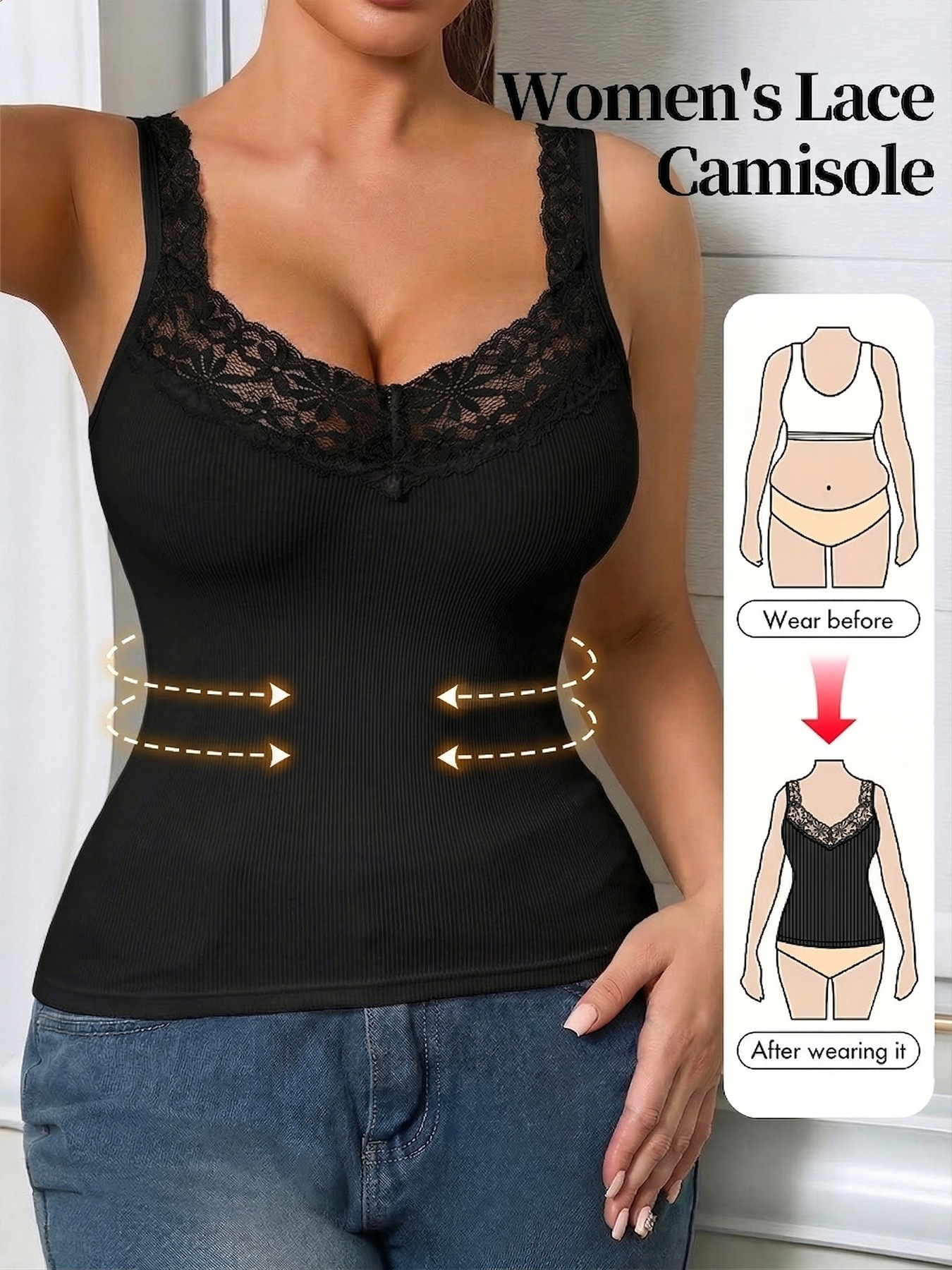 Camisole for Women Lace Vest Top Ladies Ribbed Cotton Camisole Inner Top Smoothing Fit Wide Strap Tank Top Layering Vest Under Blouse Everyday Comfort