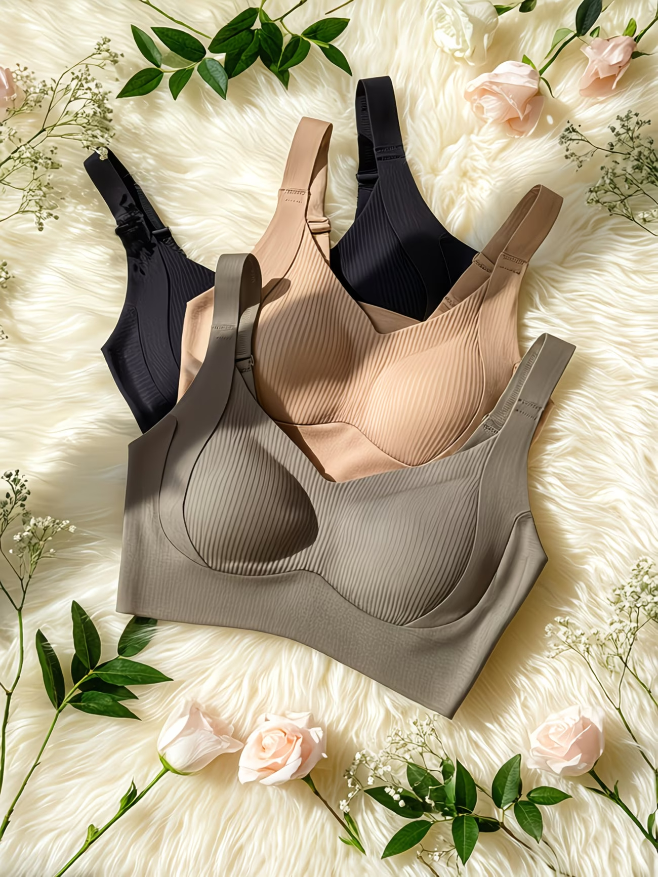 Wireless Push Up Bra Women Seamless Ribbed Comfort Bra No Underwire Adjustable Straps Full Coverage Everyday Bra
