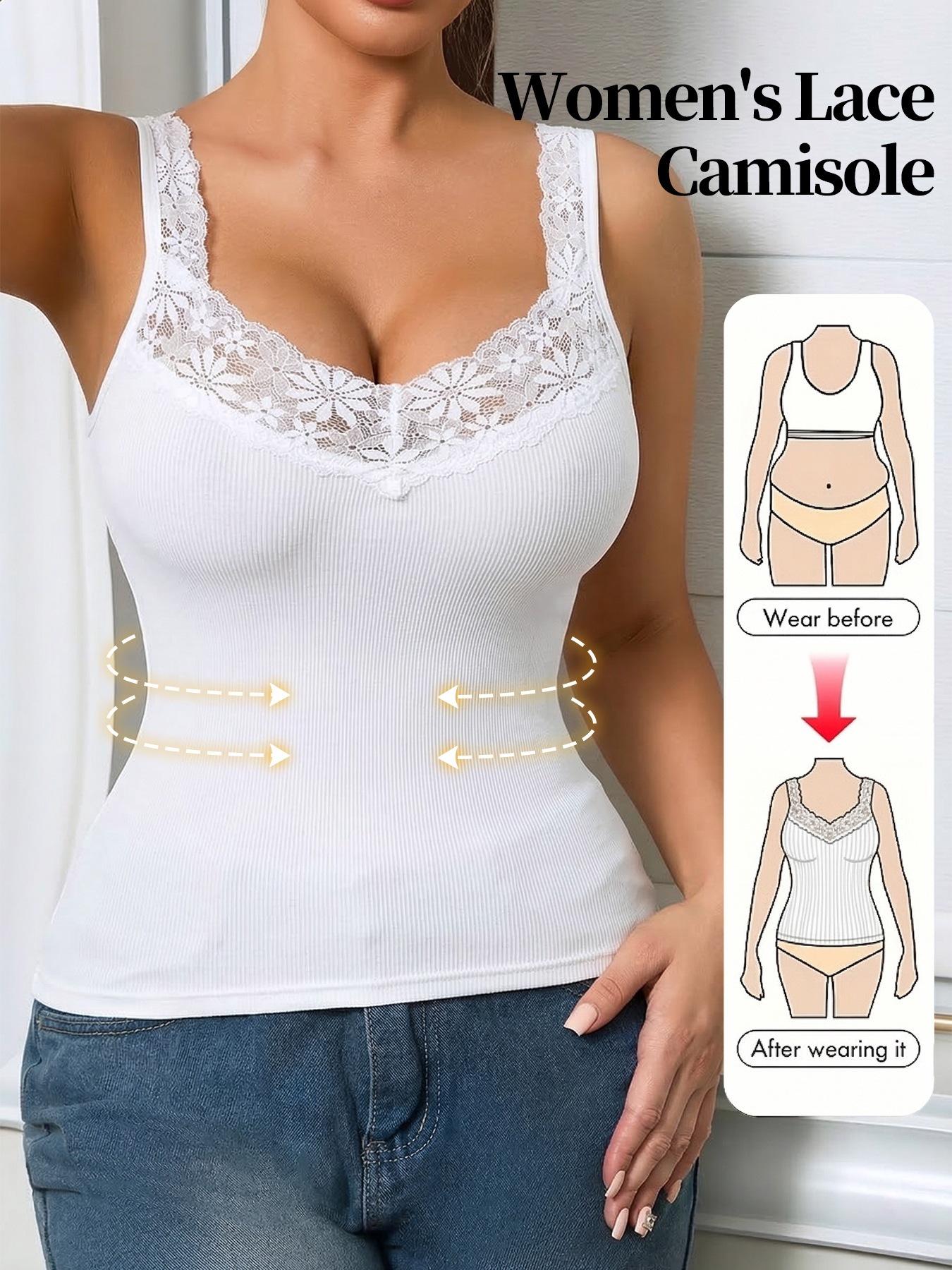 Camisole for Women Lace Vest Top Ladies Ribbed Cotton Camisole Inner Top Smoothing Fit Wide Strap Tank Top Layering Vest Under Blouse Everyday Comfort