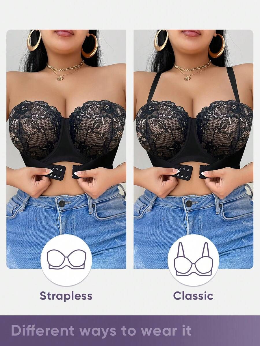 Front Closure Bra Lace Underwire Bra, 2 Ways to Wear Strapless or Classic, Wide Band Back Smoothing Full Coverage Bra for Big Bust Ladies