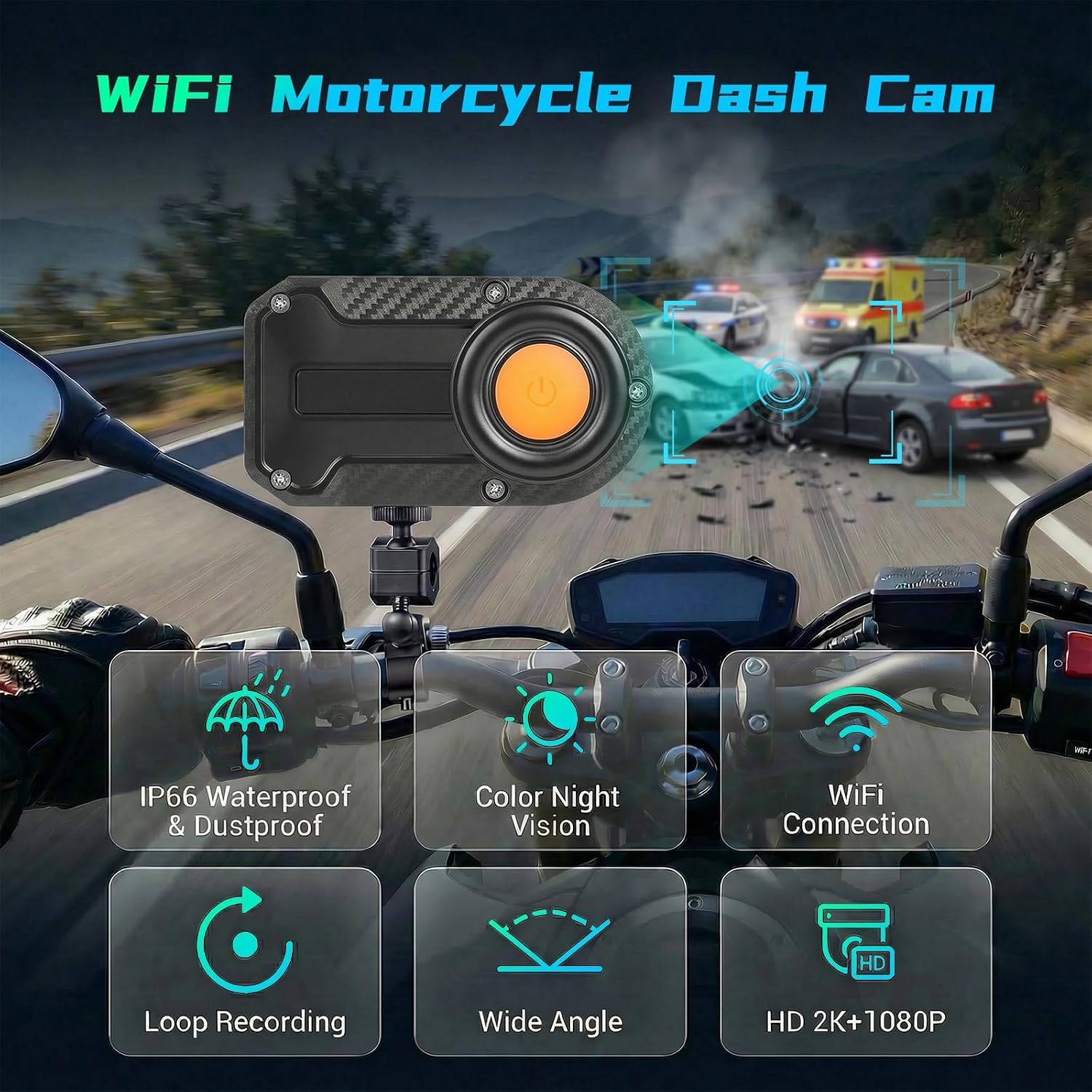 Motorcycle Dash Cam 2K WiFi IP67 Waterproof Motorbike Camera 130° Wide Angle Colour Night Vision Loop Recording Boda Boda Pikipiki Dashcam Type-C App Control
