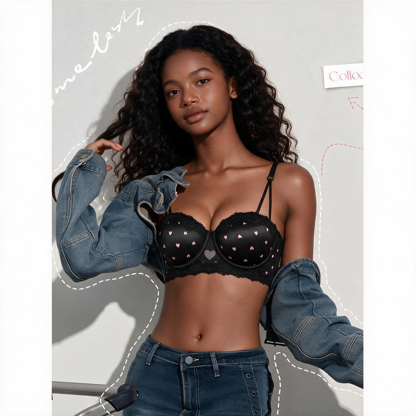 Bra Ladies Padded Lace Bra for Teenage Girls, Heart Print Half Cup Bra, Comfortable School Bra, Adjustable Straps Sidiria, 4 Colours