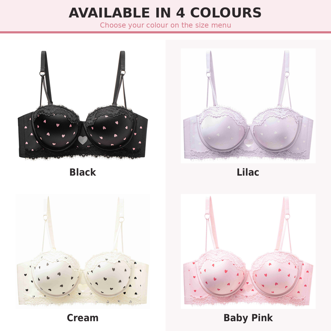 Bra Ladies Padded Lace Bra for Teenage Girls, Heart Print Half Cup Bra, Comfortable School Bra, Adjustable Straps Sidiria, 4 Colours