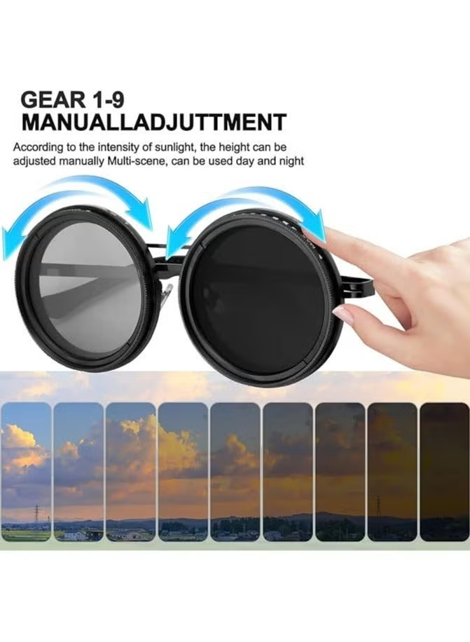 Round Sunglasses for Men Adjustable Tint Polarised Shades Steampunk Metal Frame Anti Glare Sunglasses for Driving Riding Fishing Miwani ya Jua Unisex