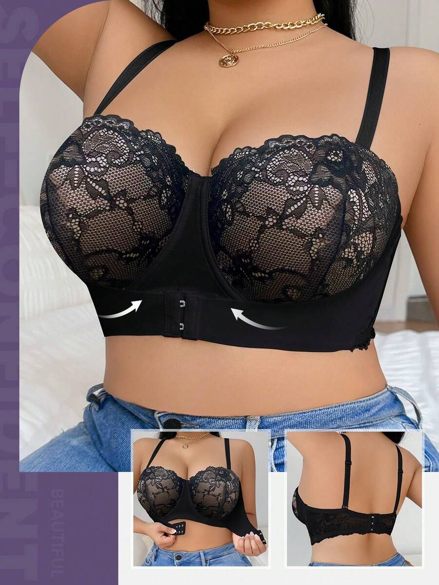 Front Closure Bra Lace Underwire Bra, 2 Ways to Wear Strapless or Classic, Wide Band Back Smoothing Full Coverage Bra for Big Bust Ladies
