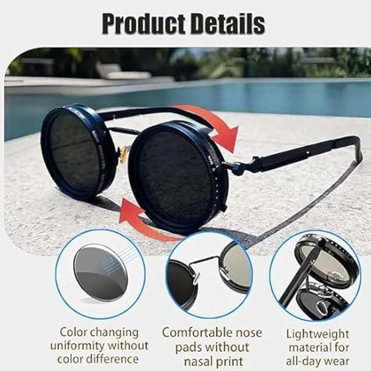 Round Sunglasses for Men Adjustable Tint Polarised Shades Steampunk Metal Frame Anti Glare Sunglasses for Driving Riding Fishing Miwani ya Jua Unisex
