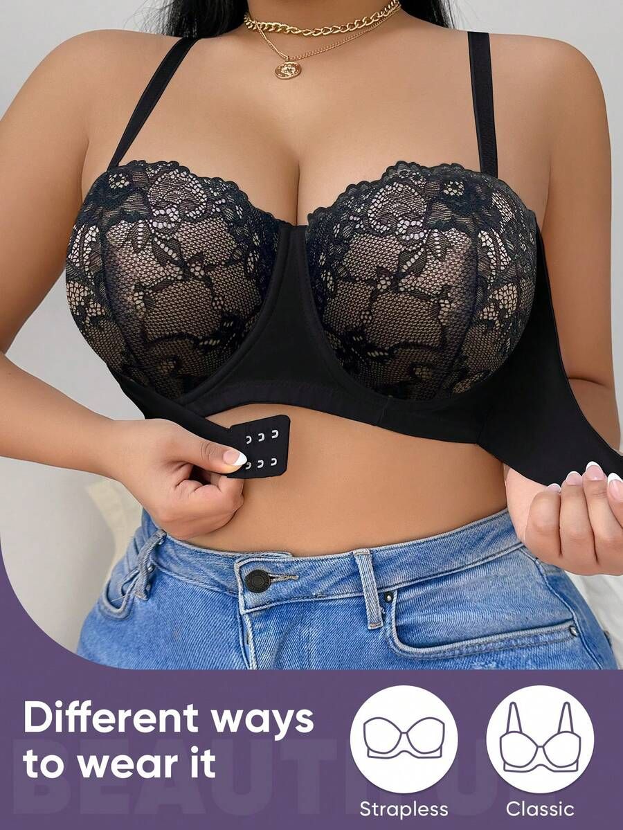 Front Closure Bra Lace Underwire Bra, 2 Ways to Wear Strapless or Classic, Wide Band Back Smoothing Full Coverage Bra for Big Bust Ladies