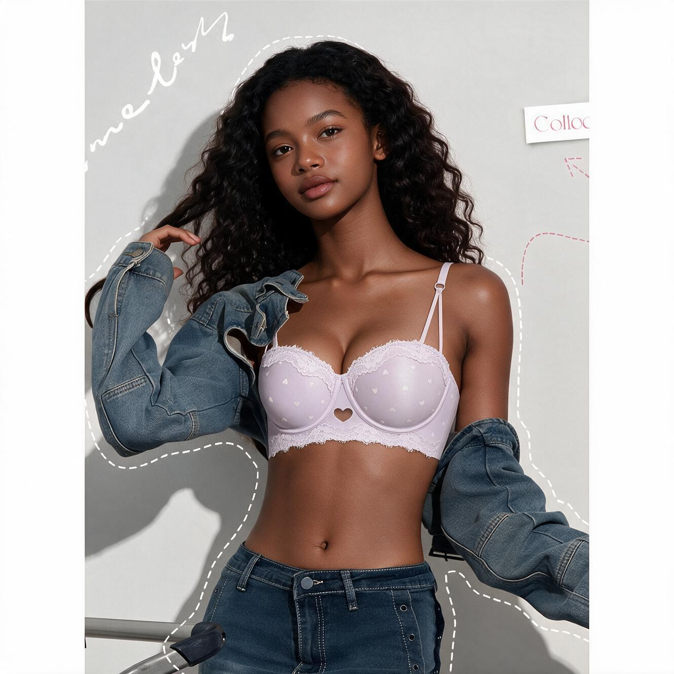 Bra Ladies Padded Lace Bra for Teenage Girls, Heart Print Half Cup Bra, Comfortable School Bra, Adjustable Straps Sidiria, 4 Colours