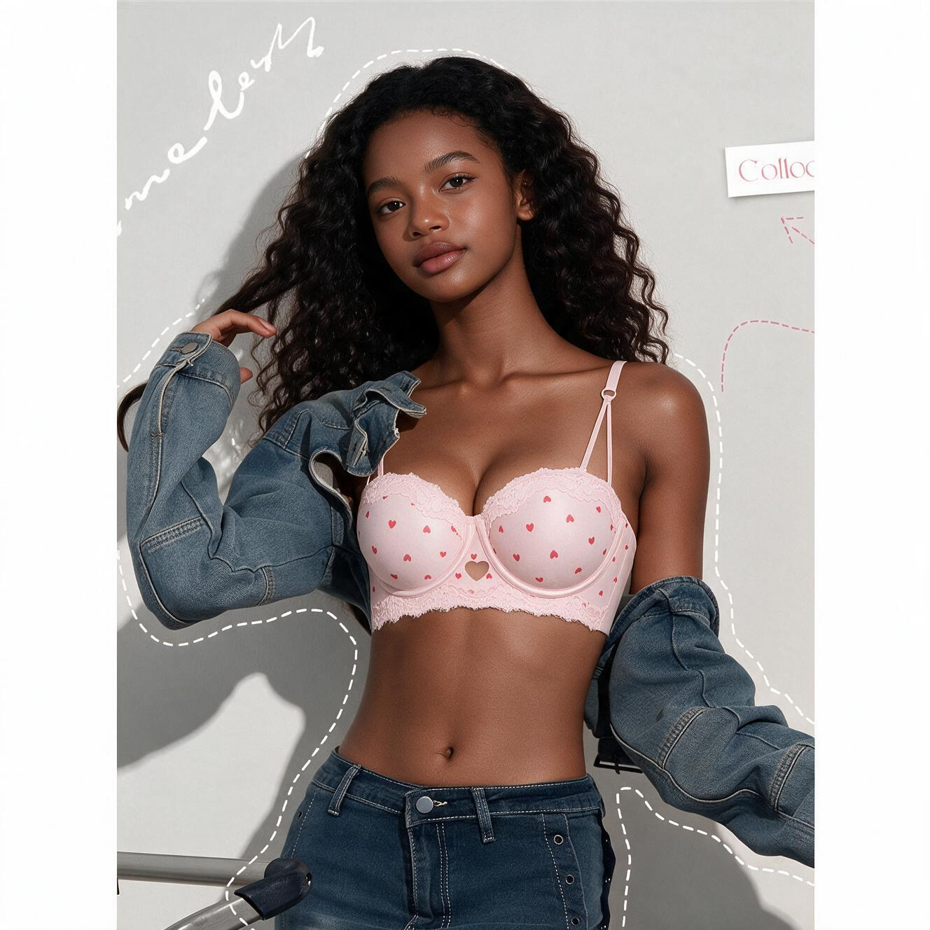 Bra Ladies Padded Lace Bra for Teenage Girls, Heart Print Half Cup Bra, Comfortable School Bra, Adjustable Straps Sidiria, 4 Colours