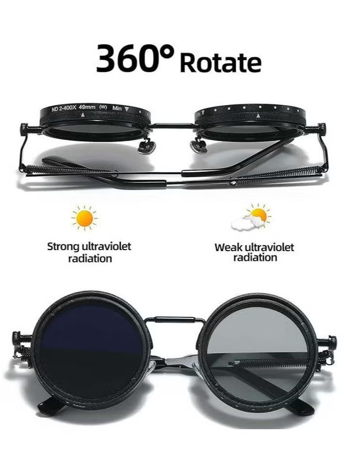 Round Sunglasses for Men Adjustable Tint Polarised Shades Steampunk Metal Frame Anti Glare Sunglasses for Driving Riding Fishing Miwani ya Jua Unisex