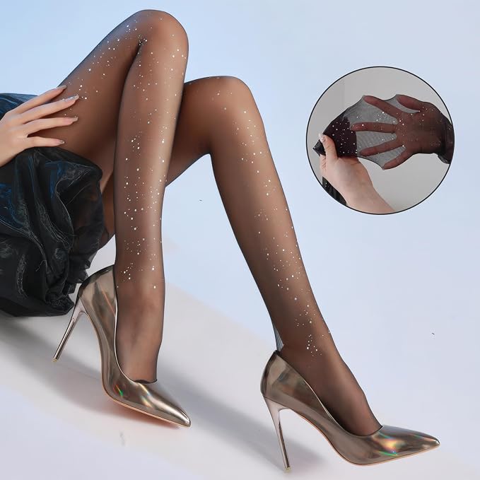 3 packs Sparkly Stockings for Women Glitter Tights Sheer Shiny Pantyhose for Party Birthday Photoshoot Wedding Guest Bridal Shower Fashion Ladies Stockings Free Size