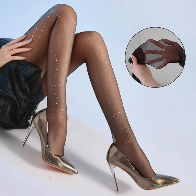 3 packs Sparkly Stockings for Women Glitter Tights Sheer Shiny Pantyhose for Party Birthday Photoshoot Wedding Guest Bridal Shower Fashion Ladies Stockings Free Size