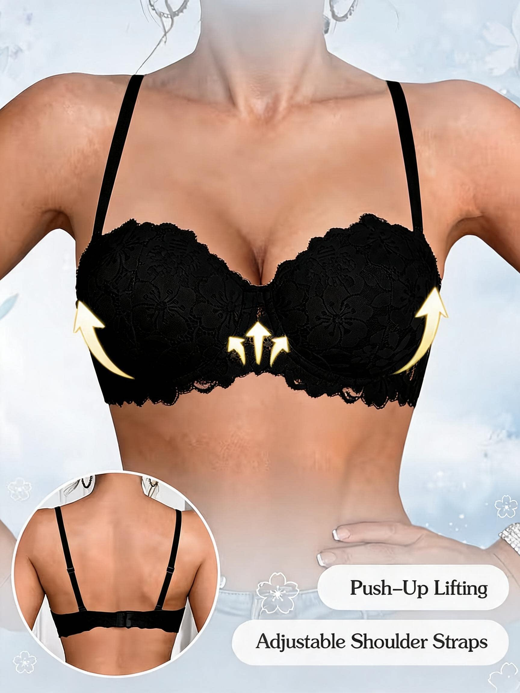 Push Up Bra Women Lace Padded Underwire Bra Lift and Gather Everyday Comfortable Sidiria Adjustable Straps Shaped Cups Soft Lining Black White Nude Pink Grey