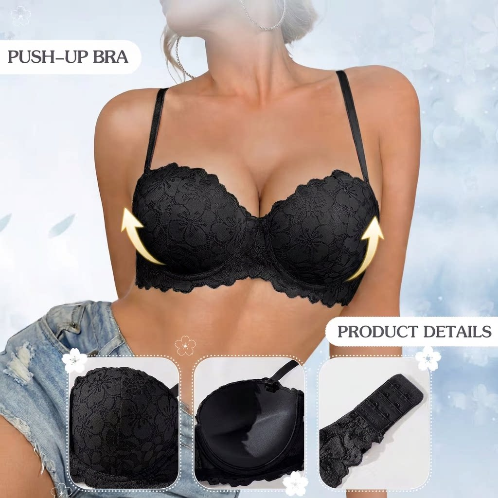 Push Up Bra Women Lace Padded Underwire Bra Lift and Gather Everyday Comfortable Sidiria Adjustable Straps Shaped Cups Soft Lining Black White Nude Pink Grey