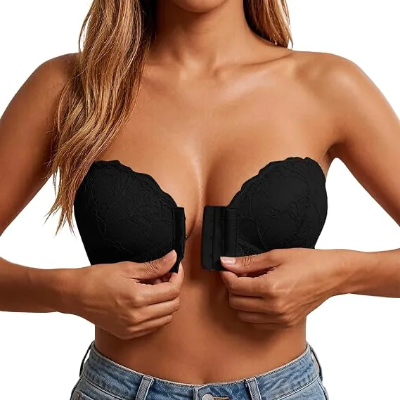 Strapless Bra Push Up Padded Front Closure Tube Bra Lace Bandeau Bra Seamless Strap Free Invisible Bra for Dress Wedding