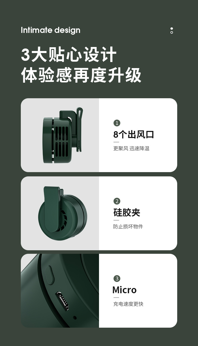 Clip on USB small fan, neck and waist holder, portable, ultra quiet, high wind power, portable, with three levels of wind power, long-lasting and stylish